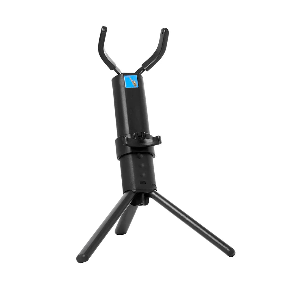 Black plastic alto saxophone stand portable foldable with metal legs tripod and curved arms for woodwind instruments