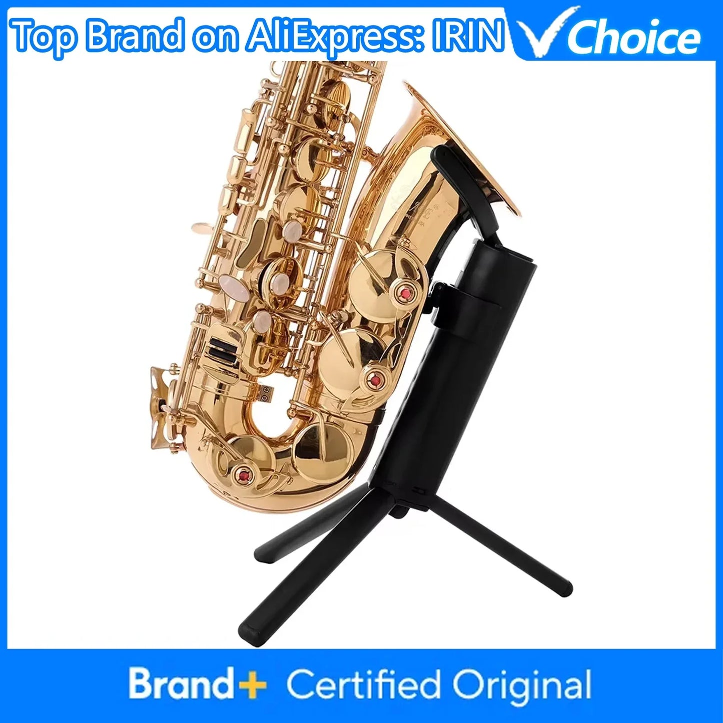 Golden alto saxophone with polished brass finish displayed on a saxophone stand portable metal legs tripod foldable
