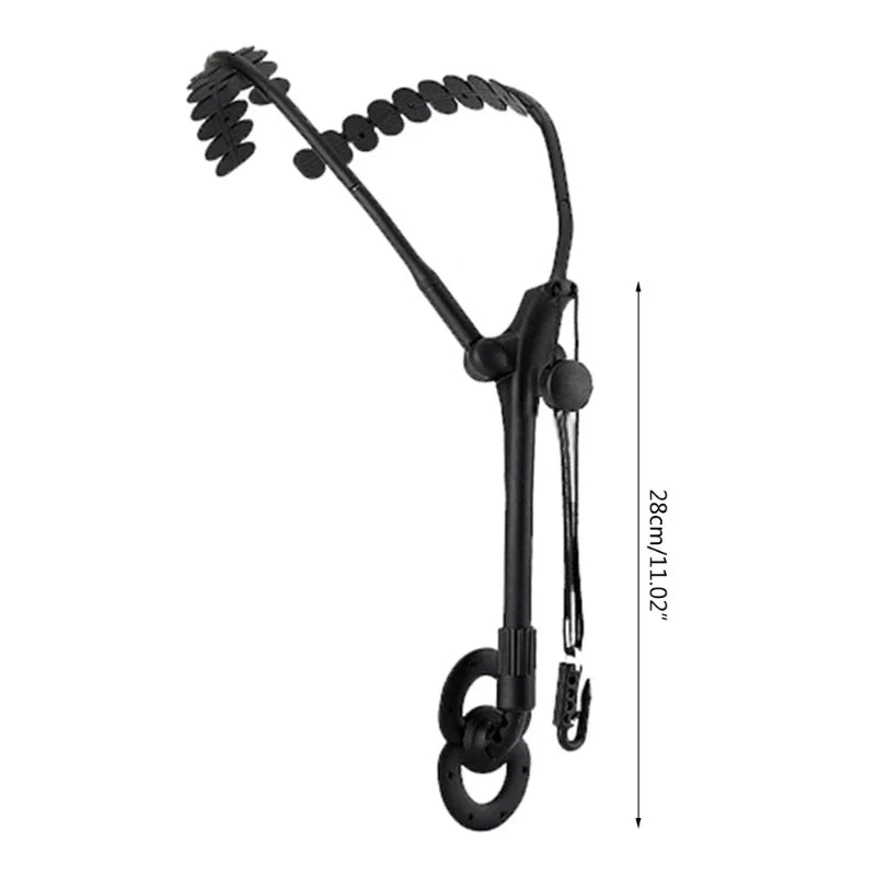 Black plastic telescoping car seat headrest adjuster with circular points for alto soprano tenor saxophone double straps