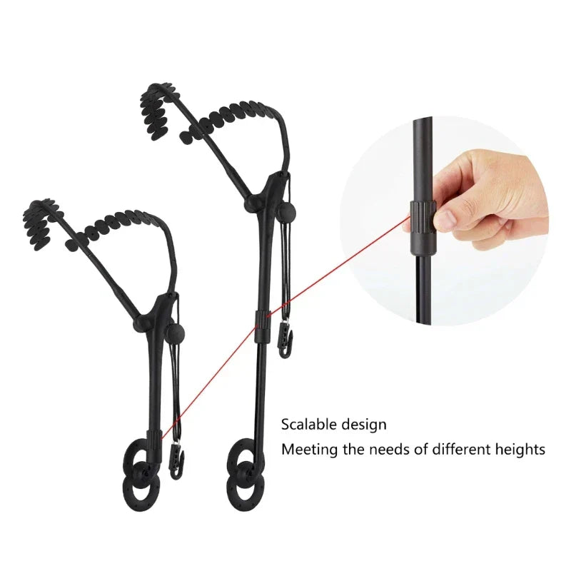 Black plastic adjustable bike rack with spiral arms and wheel loops shown with alto soprano tenor saxophone double shoulder straps neck lanyard woodwind musical accessories