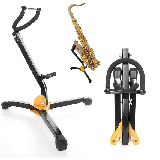 Black and yellow metal tenor soprano saxophone stand with adjustable arm portable foldable professional support