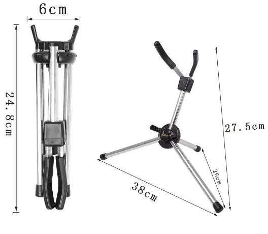 Silver metal tenor soprano saxophone stand with black rubber grips and adjustable foldable legs for professional use