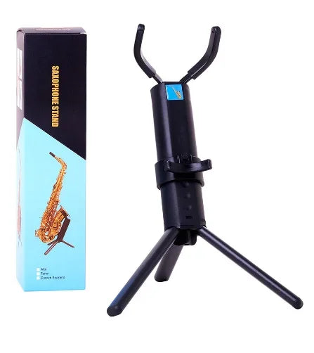 Black plastic portable foldable professional soprano saxophone stand with adjustable arms and tripod metal legs