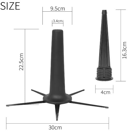 Black plastic garden sprinkler with conical nozzle and star-shaped base paired with portable foldable professional soprano saxophone stand