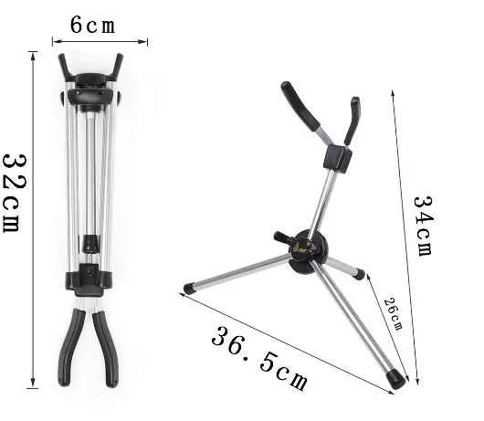 Silver metal portable foldable professional soprano saxophone stand with black plastic joints for tenor soprano saxophone