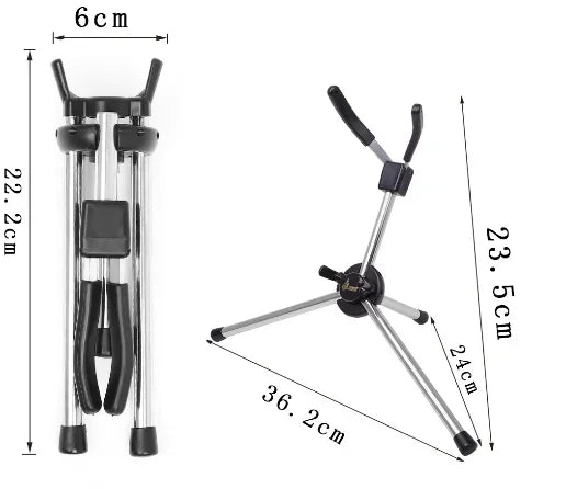 Silver and black metal portable foldable professional soprano saxophone stand with adjustable legs and padded armrests