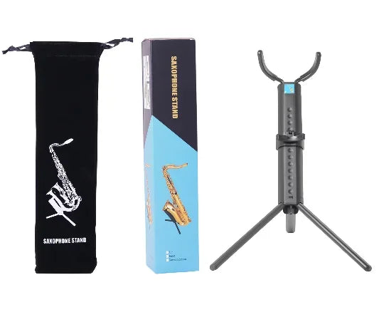 Black metal tripod tenor soprano saxophone stand with adjustable height curved arms portable foldable professional design