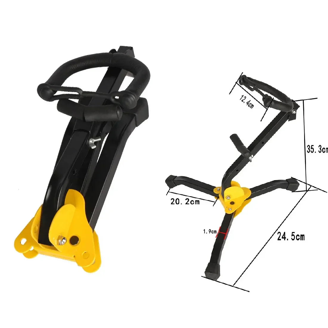 Black and yellow portable foldable professional soprano saxophone stand with sturdy metal frame and adjustable legs