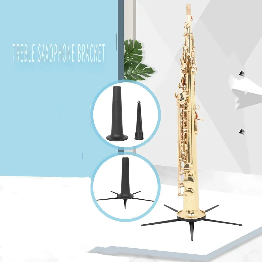 Gold-colored treble saxophone on a portable foldable professional metal legs soprano saxophone stand with black star bracket
