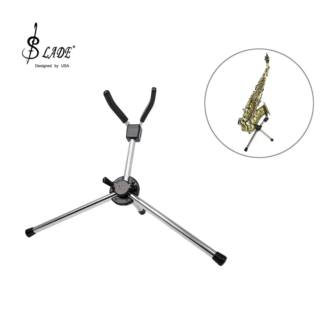 Silver metal portable foldable professional soprano saxophone stand with black rubber grips and adjustable height mechanism