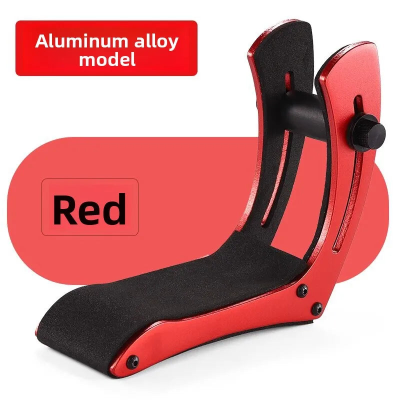 Red aluminum alloy electric guitar practice stand with black padded foot arch support and adjustable knob portable design