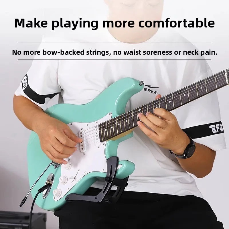Mint green aluminum alloy electric guitar on a portable practice stand with adjustable anti-slip features