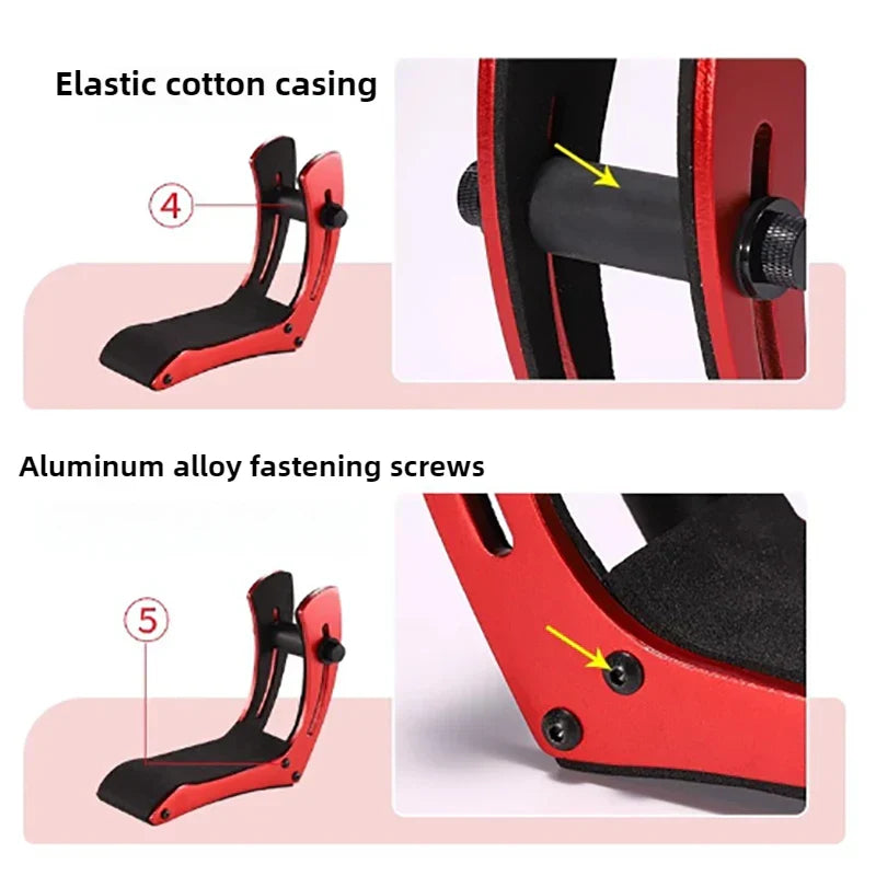 Red and black ergonomic foot support with elastic cotton casing and aluminum alloy screws for portable guitar practice stand