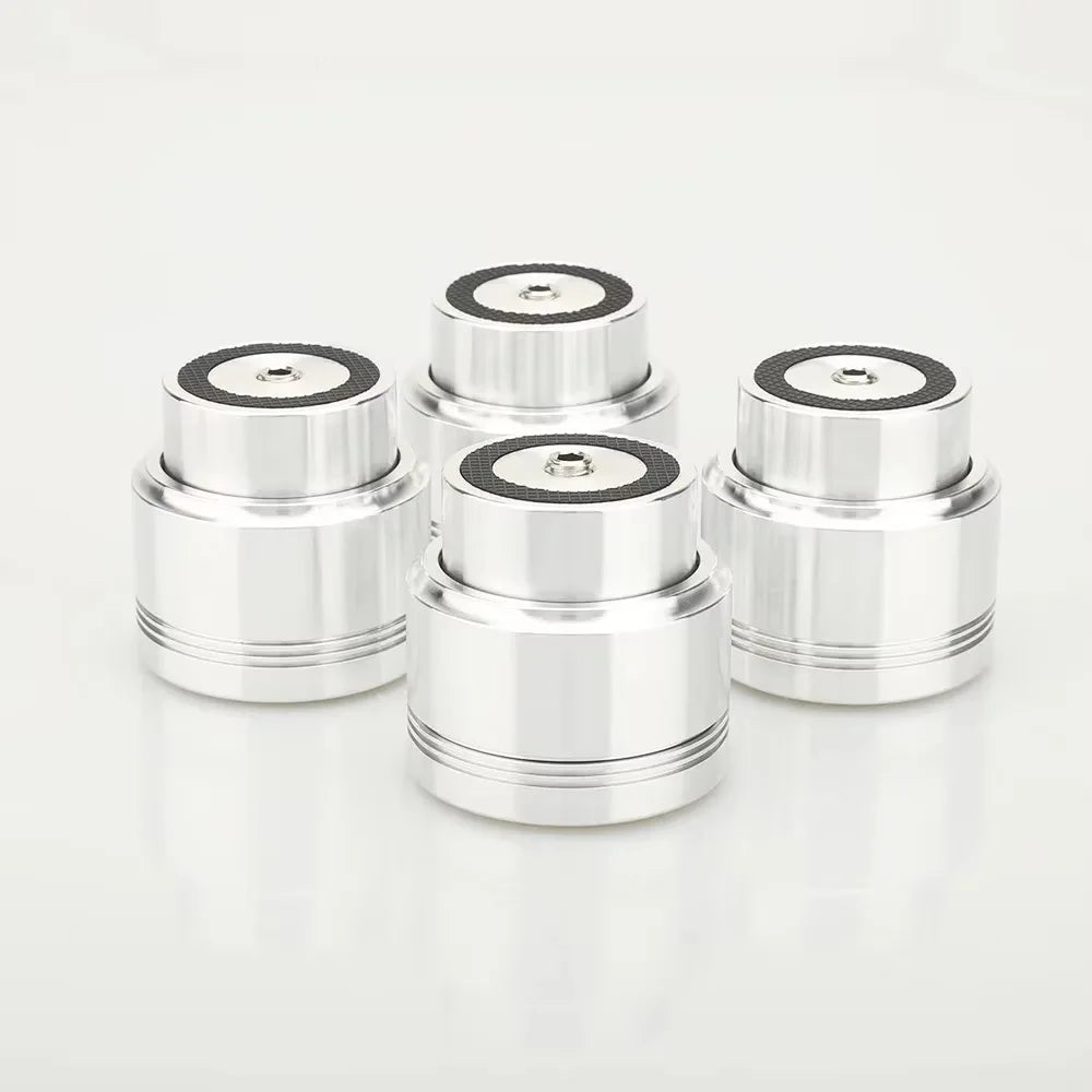 Set of four silver aluminum alloy maglev float speaker stand spikes with black rubber inserts for turntable cd player dac