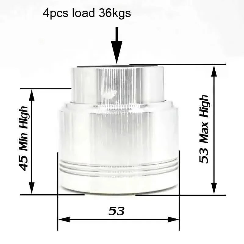 Silver metallic aluminum alloy maglev float speaker stand spike with ribbed texture and threaded top for turntable cd player