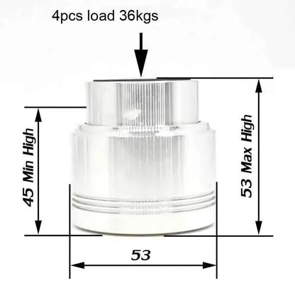 Silver metallic aluminum alloy maglev float speaker stand spike with ribbed texture and threaded top for turntable cd player