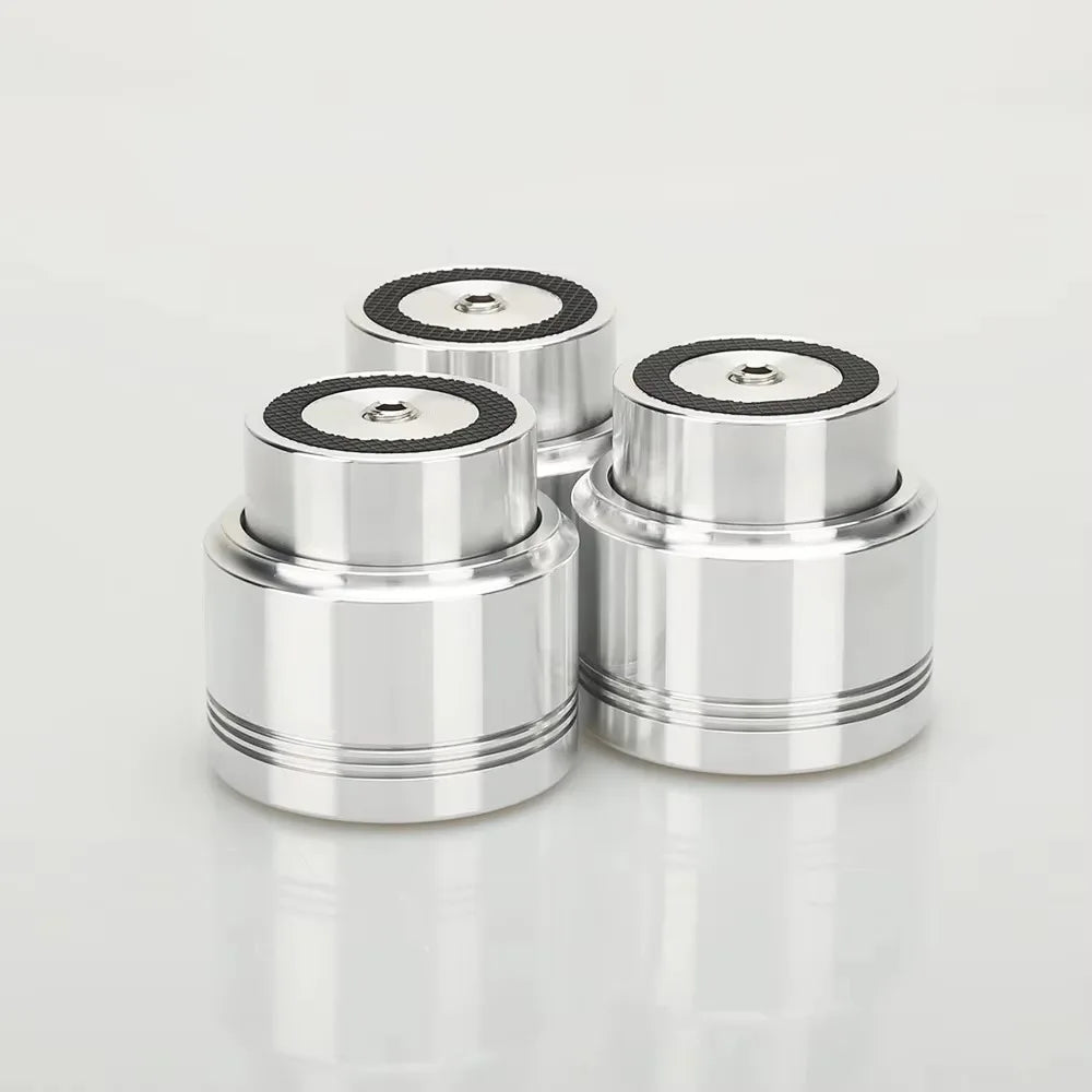 Three sleek silver aluminum alloy maglev float speaker stands with black rubberized tops for turntable cd player and computer dac