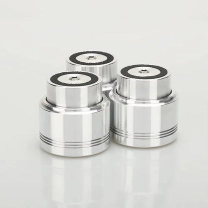 Three sleek silver aluminum alloy maglev float speaker stands with black rubberized tops for turntable cd player and computer dac