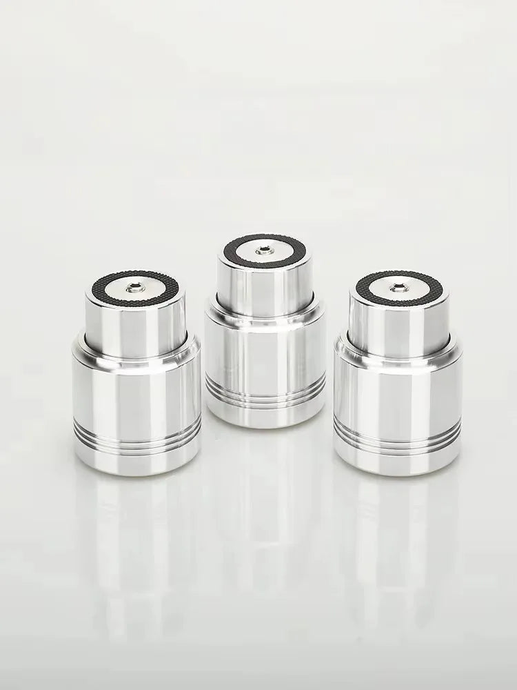 Three silver aluminum alloy maglev float speaker stand spikes with black rubber seals for turntable cd player and computer dac
