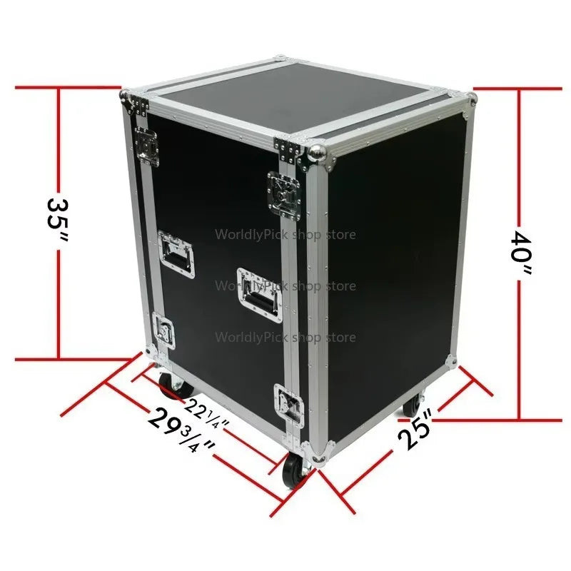 Black aluminum workstation speaker rack with silver edges, reinforced latches, caster wheels, and drawer utility flight