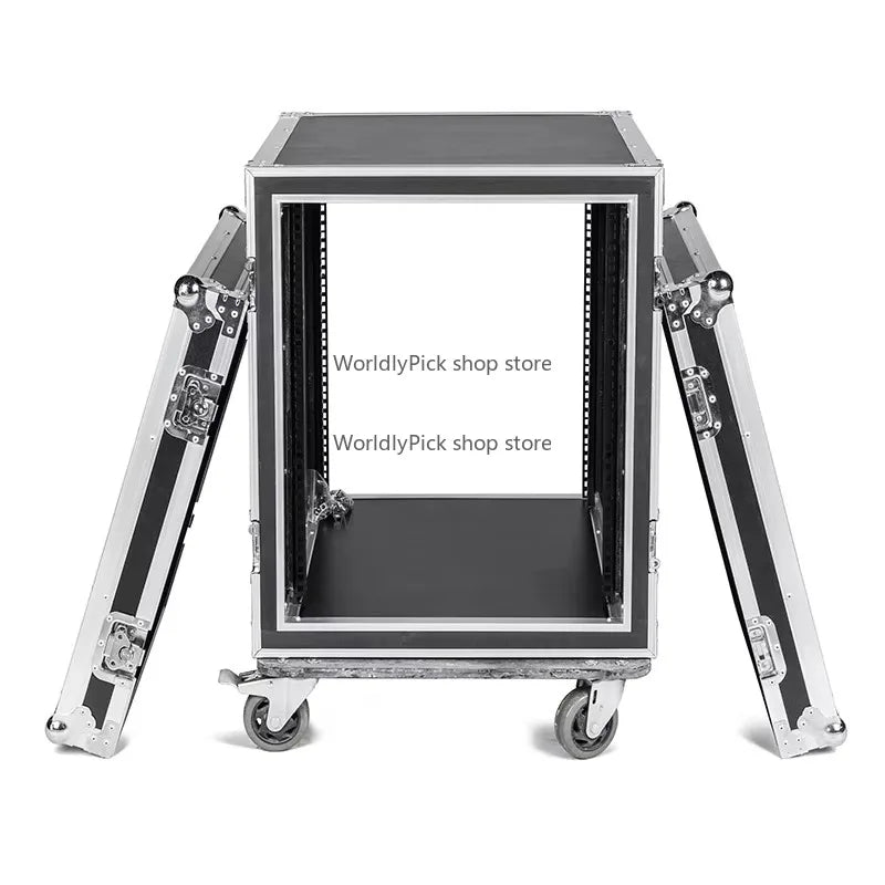 Black and silver aluminum workstation speaker rack with drawer utility flight and folding dj table features locking latches and wheels