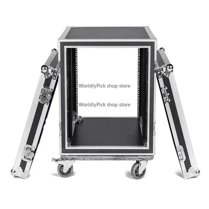 Black and silver aluminum workstation speaker rack with drawer utility flight and folding dj table features locking latches and wheels