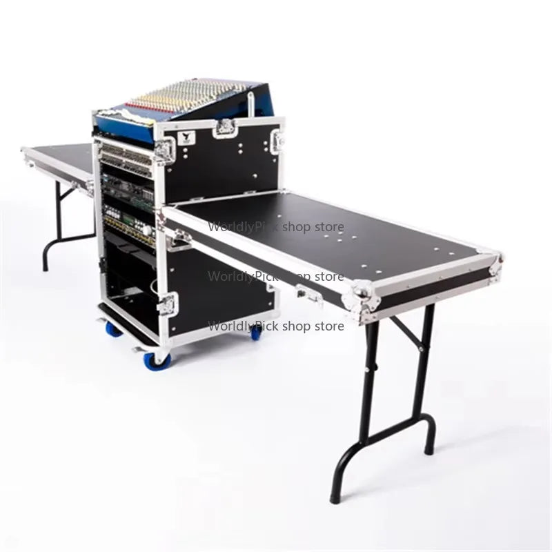 Black and silver aluminum workstation speaker rack with drawer utility flight and blue wheels folding dj table