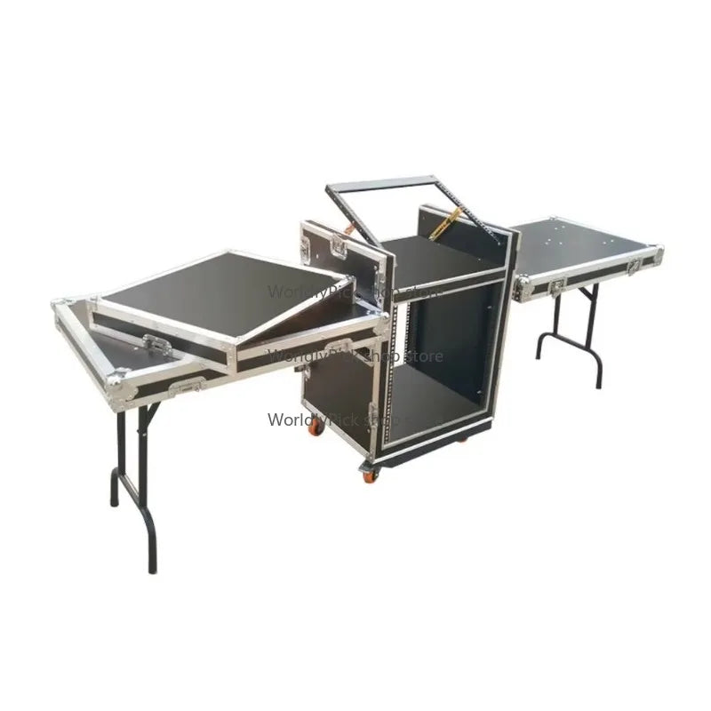Black and silver aluminum workstation speaker rack folding dj table with drawer utility flight case wheels and foldable legs