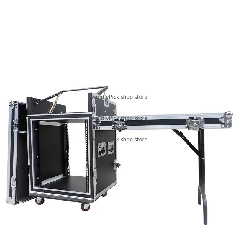 Black and silver aluminum workstation speaker rack with drawer utility flight and folding dj table features wheels and reinforced corners