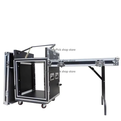 Black and silver aluminum workstation speaker rack with drawer utility flight and folding dj table features wheels and reinforced corners