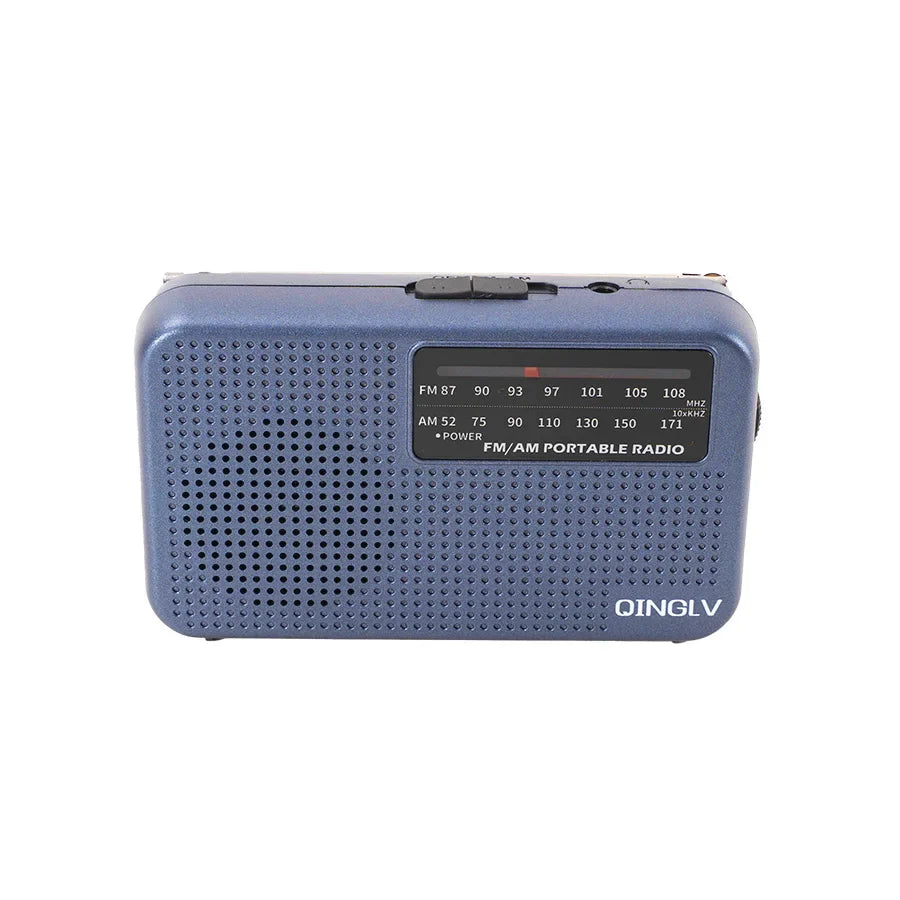 Blue plastic am fm portable radio with high sensitivity, perforated front panel, and black frequency dial using no 7 batteries