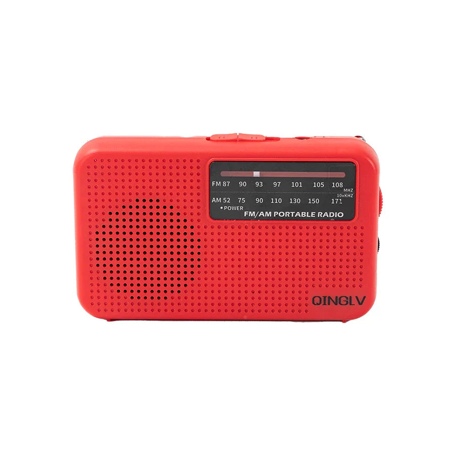 Red plastic am fm portable radio with high sensitivity speaker grille and black control panel for clear sound quality