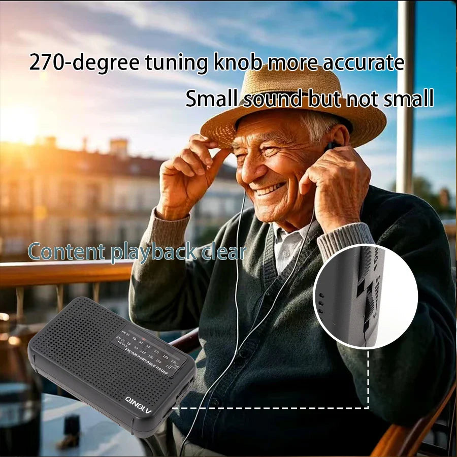 Black AM/FM portable radio with perforated front panel, high sensitivity, high sound quality, and qinglv branding