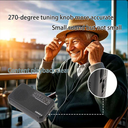Black AM/FM portable radio with perforated front panel, high sensitivity, high sound quality, and qinglv branding