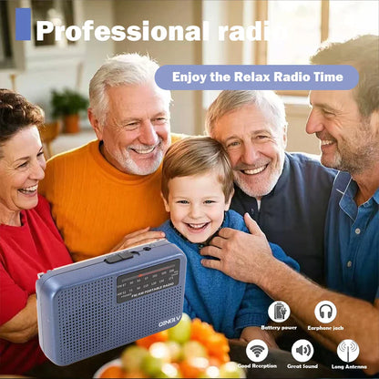 Blue plastic am fm portable radio with perforated front panel and digital frequency display for high sound quality