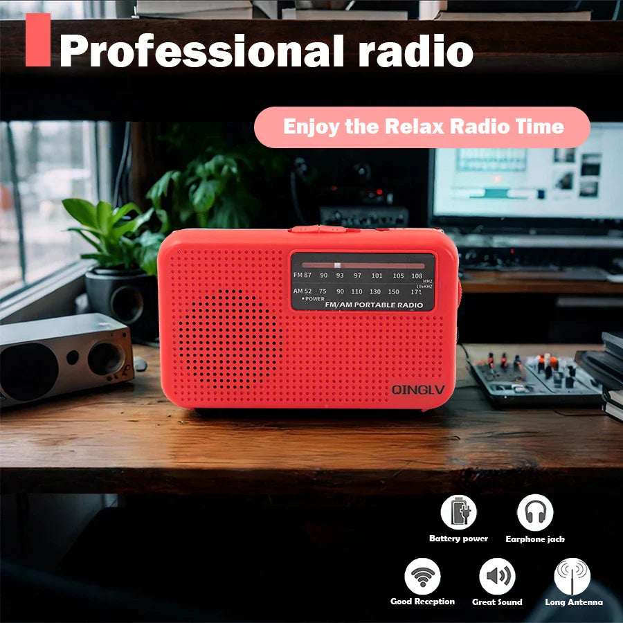 Bright red qinglv am fm portable radio with perforated plastic casing and analog dial for high sound quality