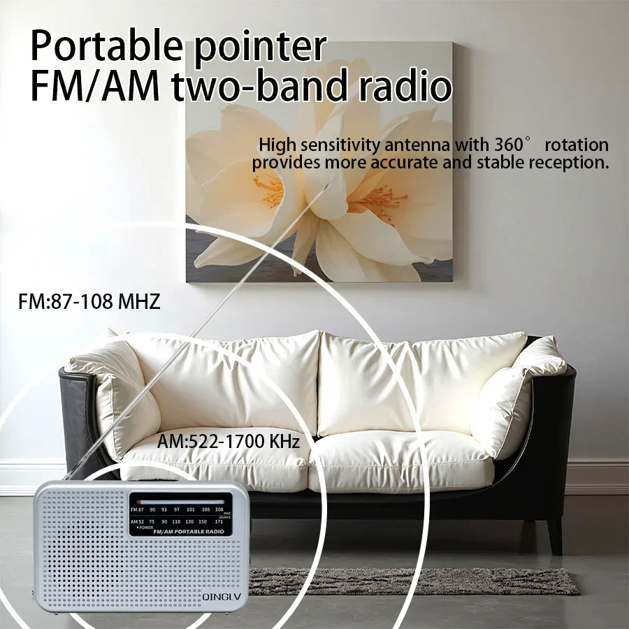 Silver portable am fm radio with perforated front panel, digital display, high sensitivity, and durable No 7 batteries