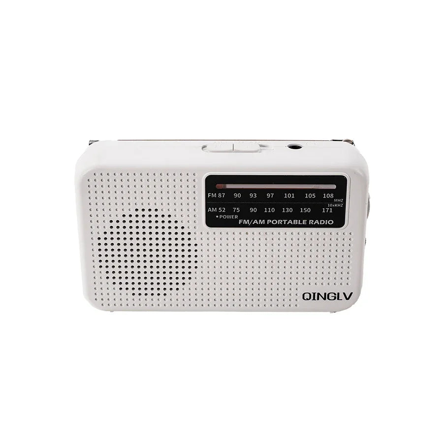 White am fm portable radio with high sensitivity, perforated front panel, black frequency dial, and durable no 7 battery use