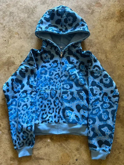 Blue leopard-print hoodie with gray lining and ribbed cuffs casual fashion high america hip hop hoodie 2000s autumn
