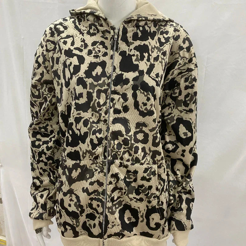Beige and black leopard print zip up hoodie with ribbed cuffs and hem america hip hop casual fashion high street hoodie 2000s autumn