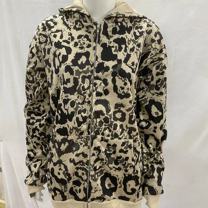 Beige and black leopard print zip up hoodie with ribbed cuffs and hem america hip hop casual fashion high street hoodie 2000s autumn