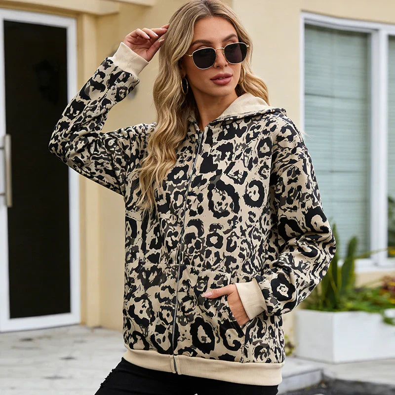A black and beige leopard print america hip hop casual fashion high street hoodie 2000s autumn with cream cuffs and hem