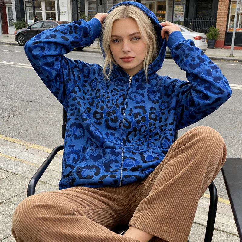 Blue leopard-print zip-up hoodie with soft velvety texture for america hip hop casual fashion high and hoodie 2000s autumn wear