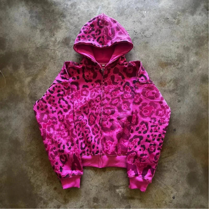 A vibrant pink leopard-print america hip hop casual fashion high street hoodie 2000s autumn with ribbed cuffs and zipper