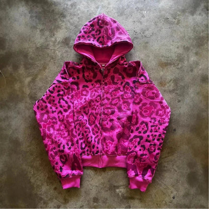 A vibrant pink leopard-print america hip hop casual fashion high street hoodie 2000s autumn with ribbed cuffs and zipper