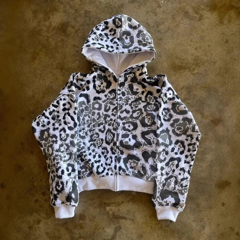 White zip-up hoodie with bold black and gray leopard print ribbed cuffs hem america hip hop casual fashion high hoodie 2000s autumn