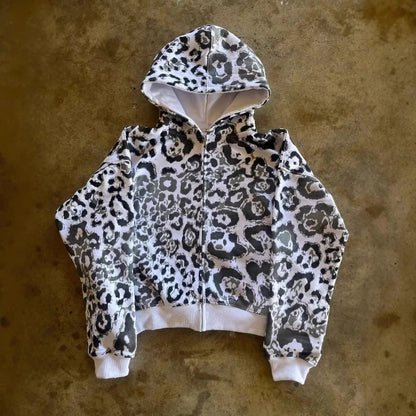 White zip-up hoodie with bold black and gray leopard print ribbed cuffs hem america hip hop casual fashion high hoodie 2000s autumn