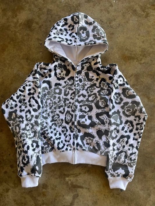 A white and black leopard-print zip-up hoodie with light gray lining for america hip hop casual fashion high street 2000s autumn