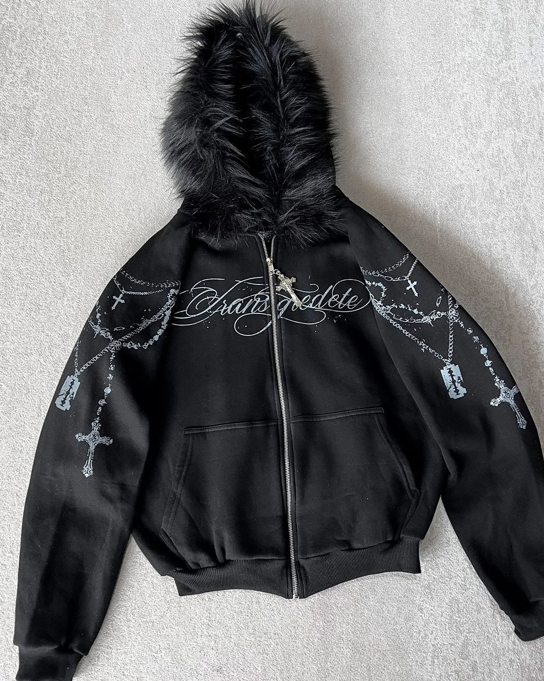 Black zip-up hoodie men y2k with fluffy fur-lined hood and silver rhinestone gothic couple casual joker sweatshirt design