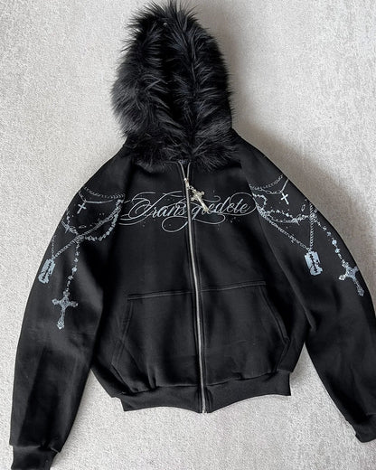 Black zip-up hoodie men y2k with fluffy fur-lined hood and silver rhinestone gothic couple casual joker sweatshirt design